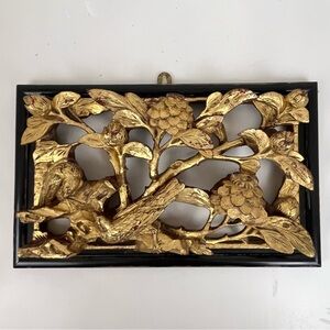 Asian Hand Carved Gilt Wooden Bird Floral Art Hanging 13” x 8” Wall Panel Decor